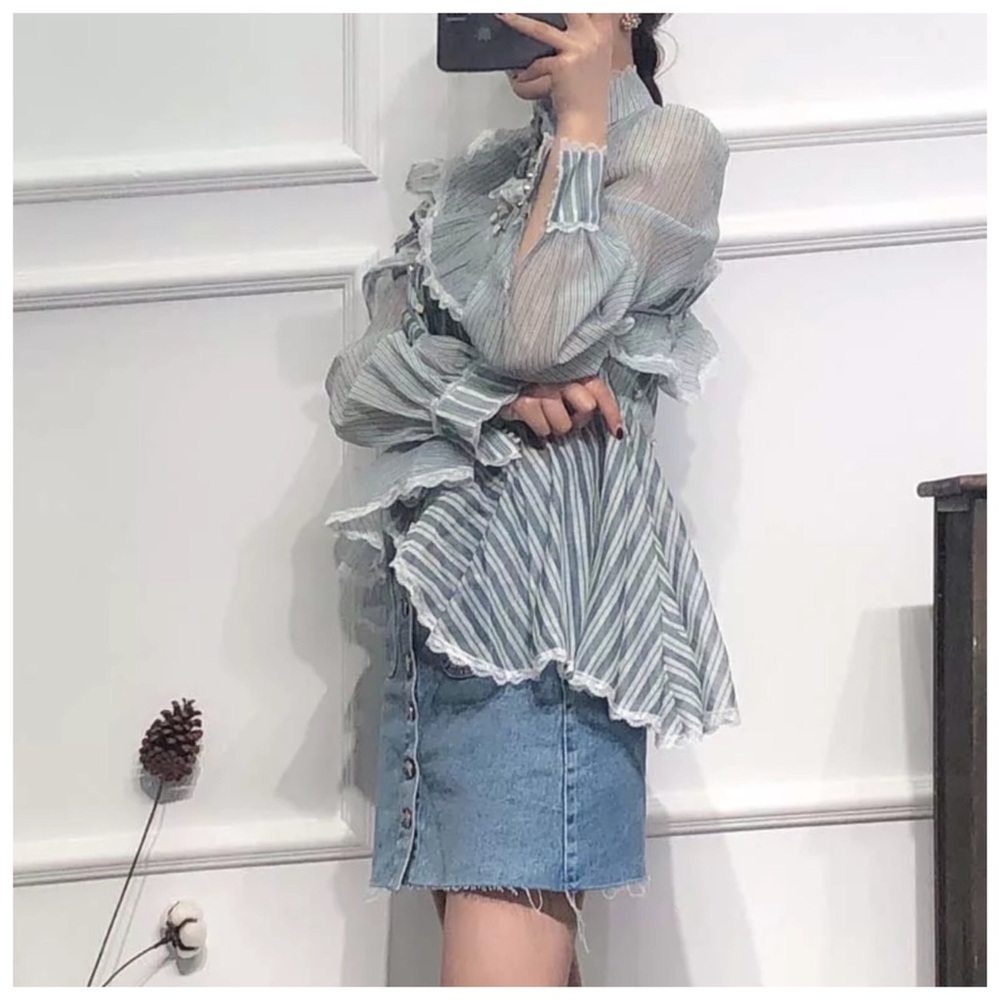 Blue Stripe Sheer Ruffle Runway Top - Picture 8 of 8